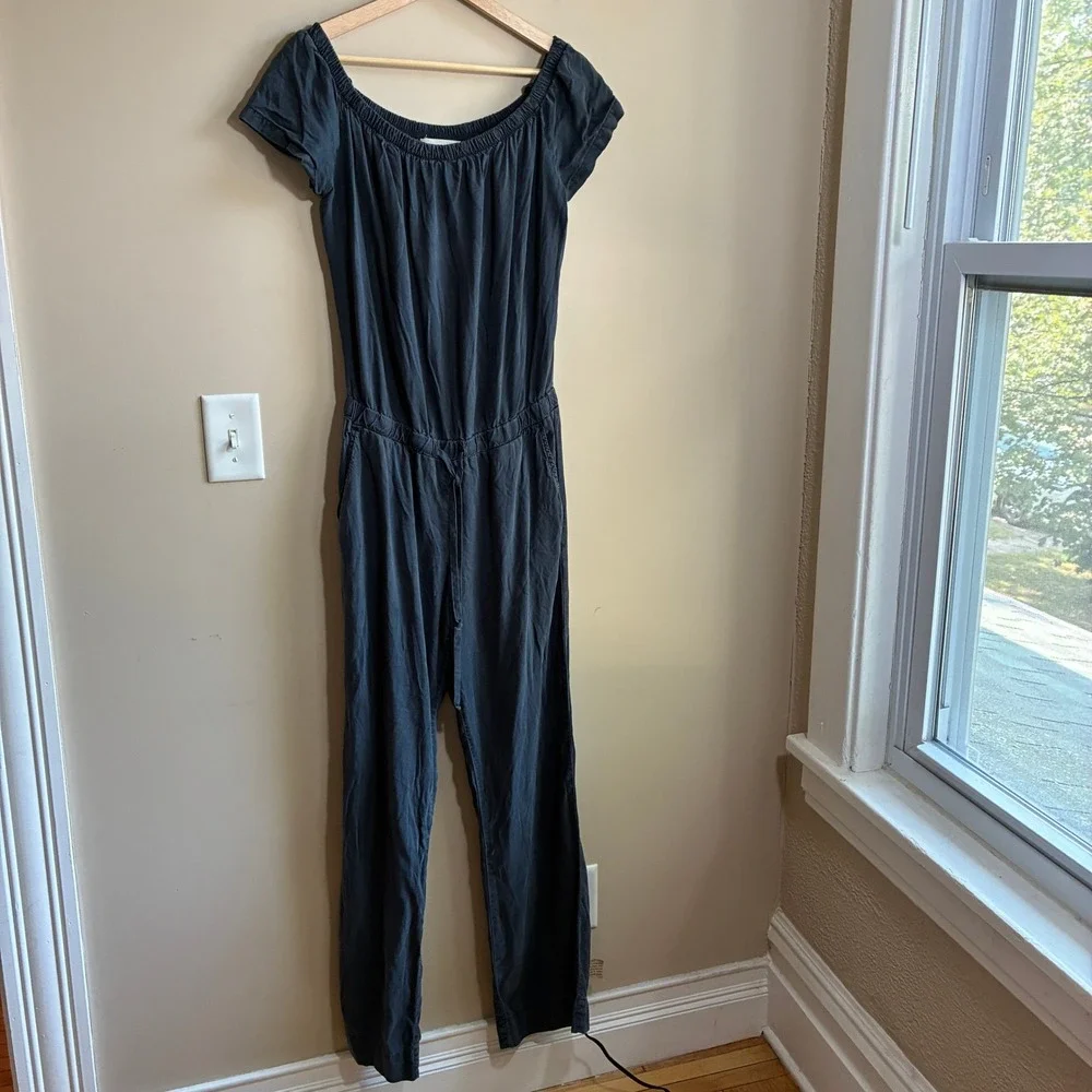 Cloth & Stone Off Shoulder Tencel Jumpsuit S Gray Women Relaxed Drawstring Waist